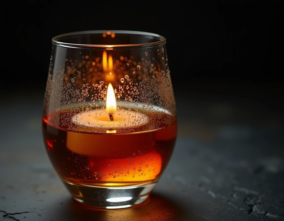 Close-up of a Glencairn glass filled with Yamazaki 12 whisky, amber liquid catching candlelight from a single flame refl