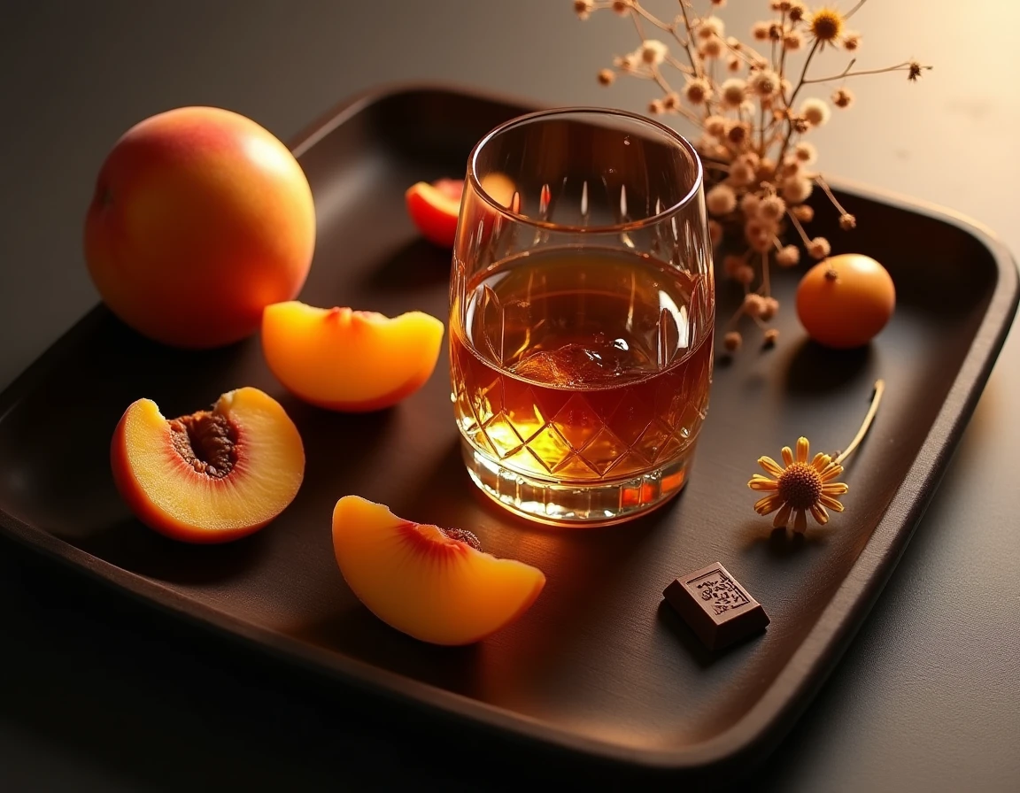Top-down flat lay of a Yamazaki 12 whisky pour in a crystal glass on a dark wood tray, surrounded by sliced fresh peache