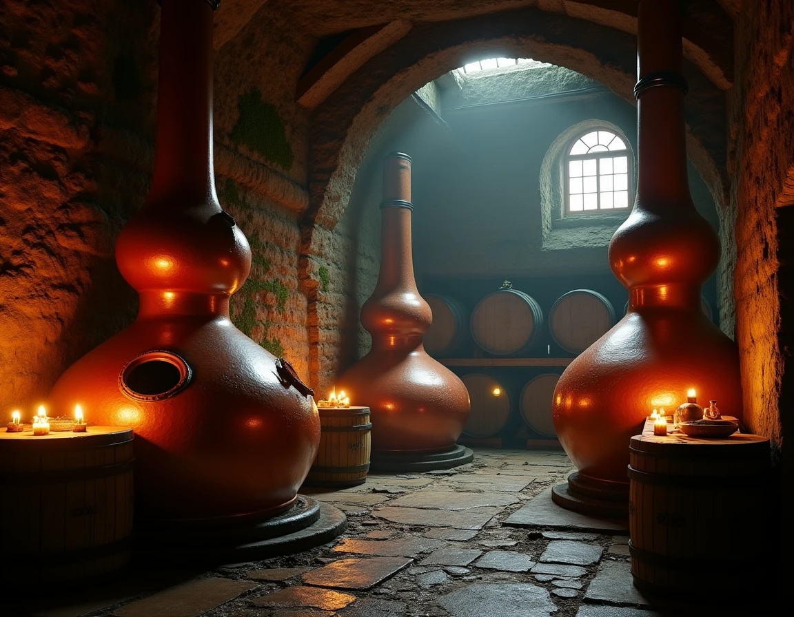 Moody interior of an old Irish distillery from the 1800s, large copper pot stills gleaming in amber candlelight, stone w