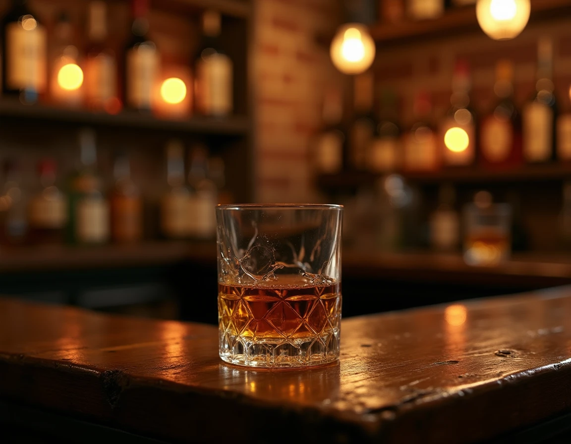 Close-up of a Jameson Irish whiskey glass — a classic tumbler filled with golden amber liquid — resting on a weathered o