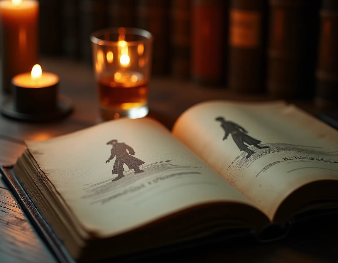 Moody close-up of a worn leather-bound ledger open on a dark wood desk beside a dram of blended Scotch whisky in a Glenc