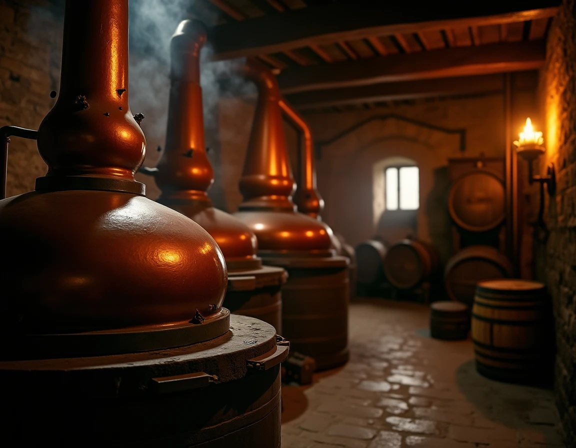Moody interior of a 19th century Scottish distillery still room, copper pot stills glowing in warm candlelight, stone fl