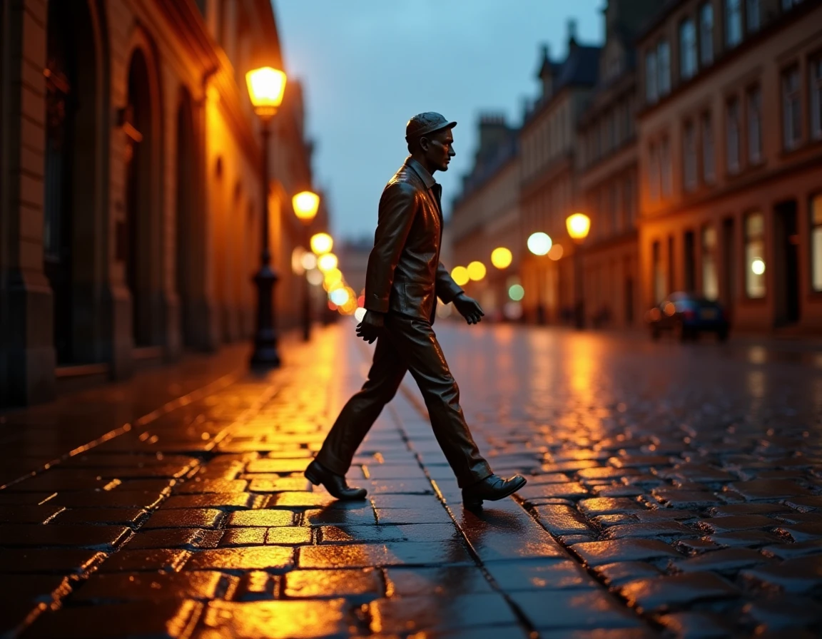 Dramatic low-angle shot of the iconic Johnnie Walker Striding Man silhouette rendered as a bronze sculpture on cobblesto