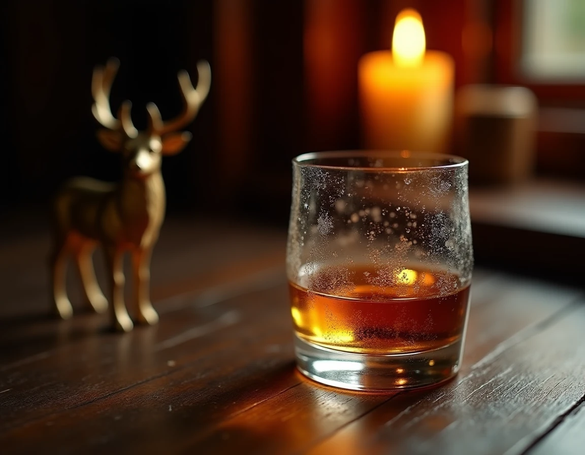 Close-up of a Glenfiddich whisky dram in a Glencairn glass on a dark aged oak table, warm amber liquid catching soft can