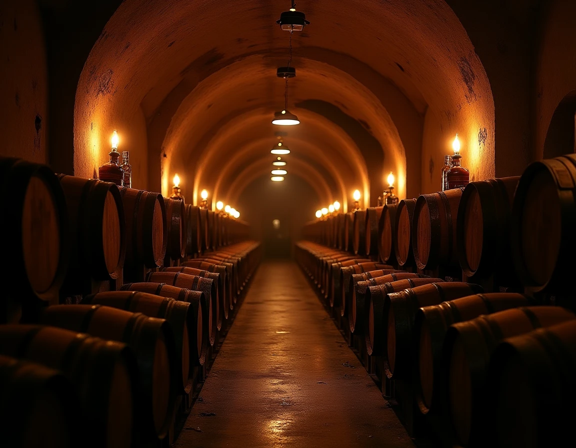 Dark and dramatic underground whisky cellar filled with rows of Spanish sherry oak casks, warm amber candlelight casting