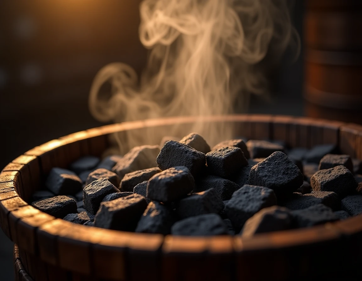 Photorealistic close-up of charcoal mellowing process in a Tennessee whiskey distillery: dark sugar maple charcoal chunk