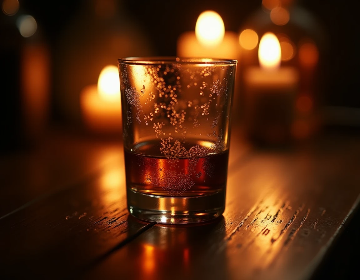 Close-up macro shot of a Glencairn glass filled with deep amber Macallan whisky on a dark oak table, golden light refrac
