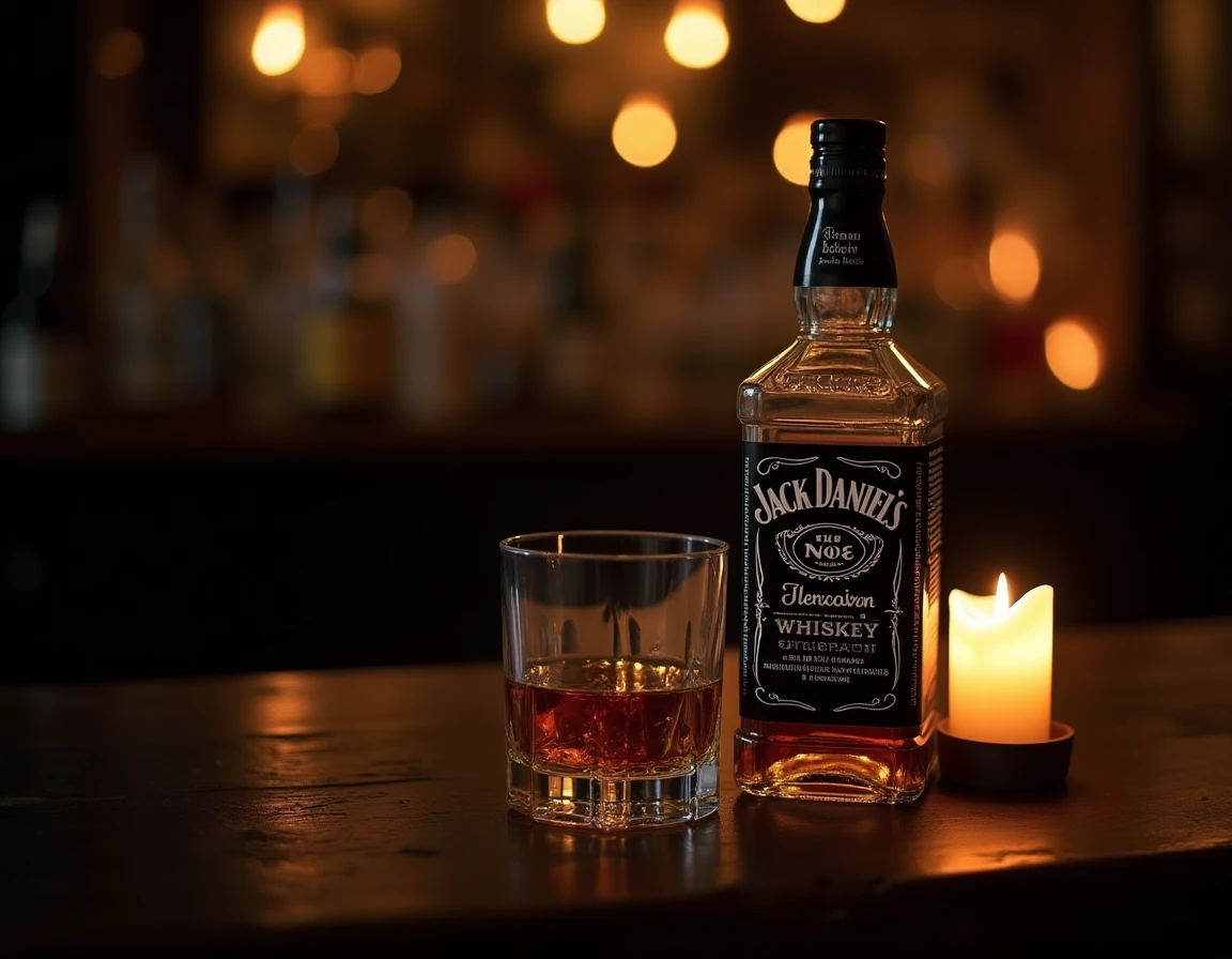 Moody still-life of a square Jack Daniel's style whiskey bottle and a filled Glencairn glass on a worn dark oak bar surf