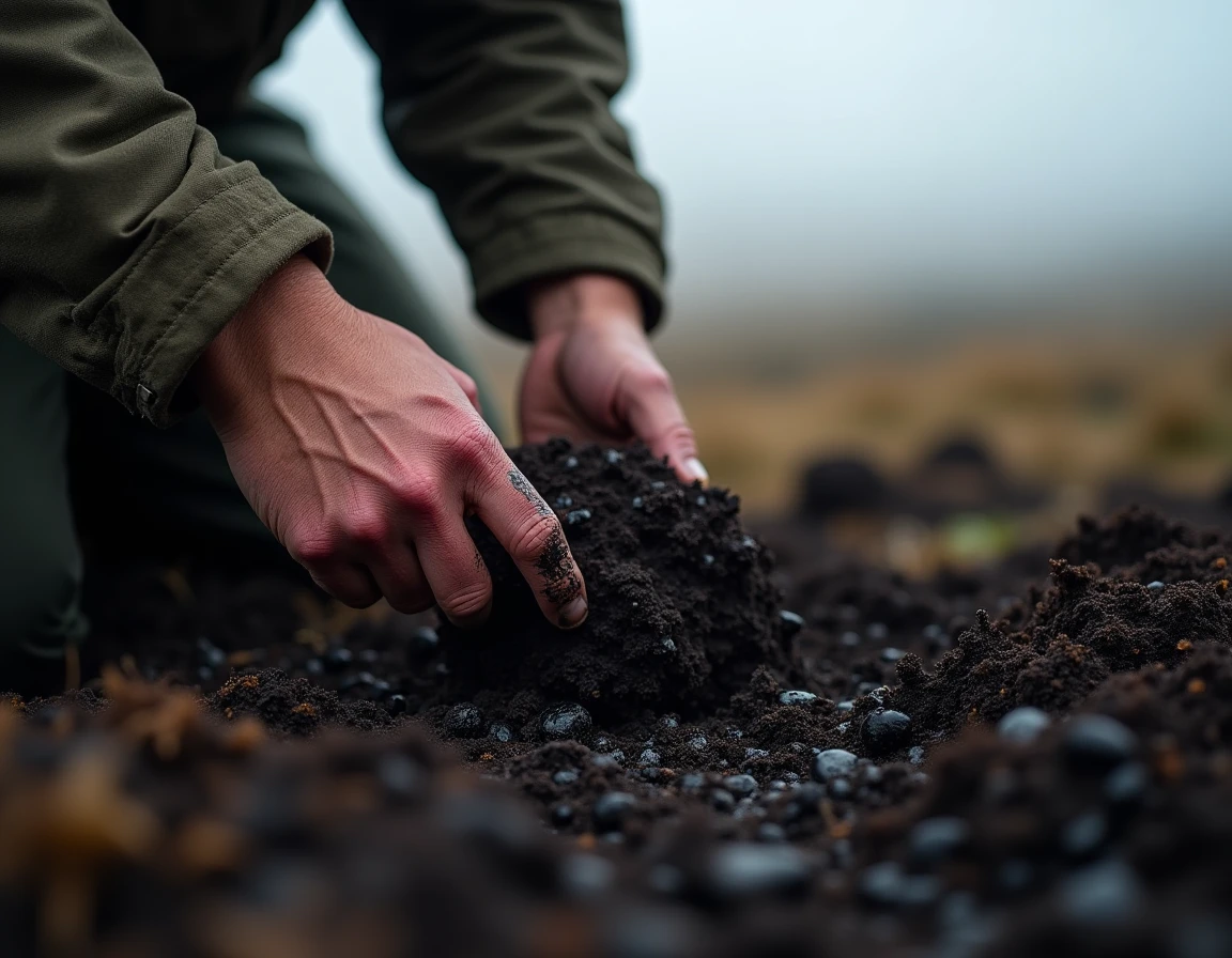 Close-up of a weathered Scottish worker's hands cutting dark wet peat from a boggy moorland on Islay, misty grey sky abo