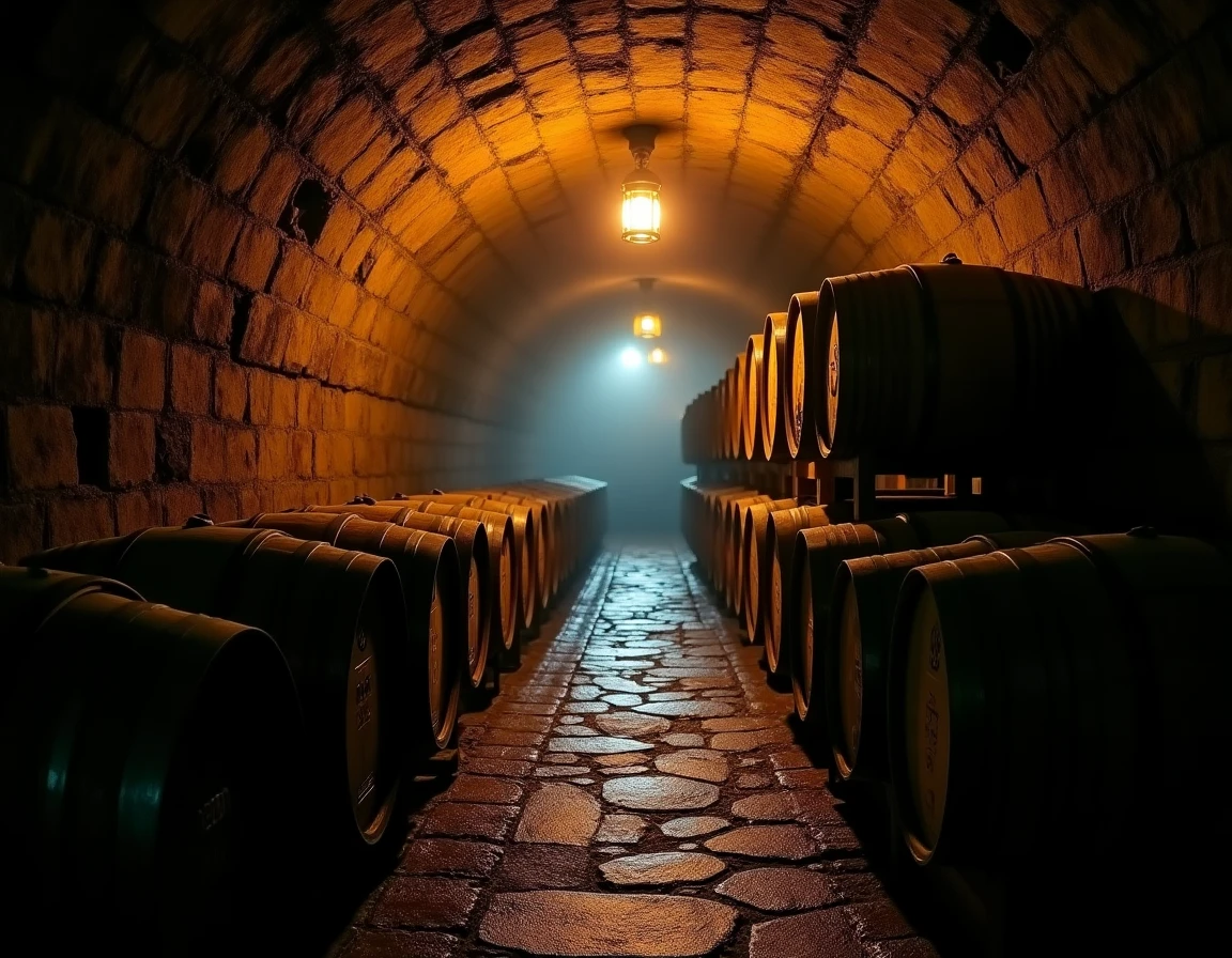 Moody interior of a stone-walled whisky maturation vault below sea level, rows of dark oak casks stacked in dim amber la