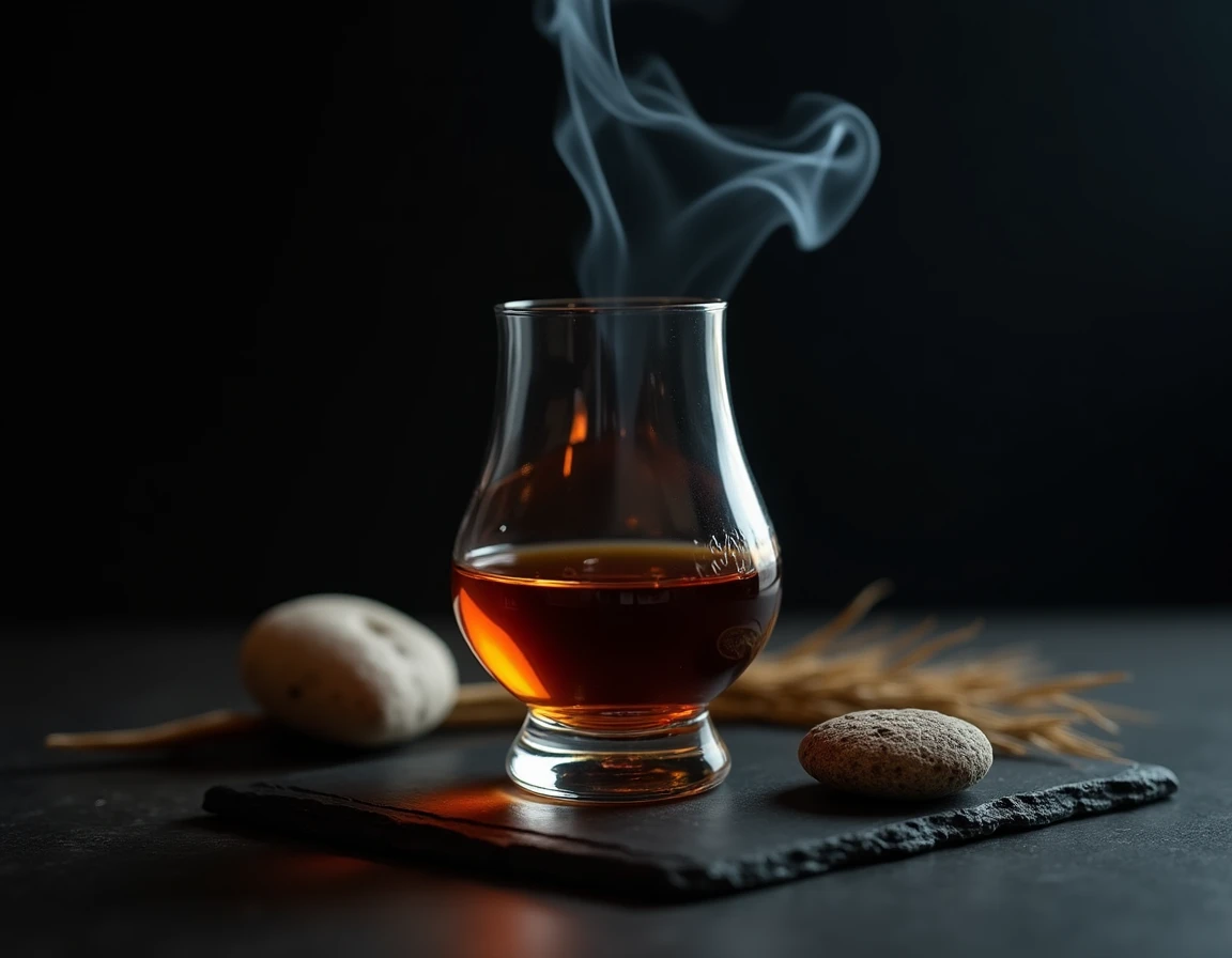 Moody intimate still life of a Glencairn glass filled with deep amber Laphroaig whisky on a dark slate surface, wisps of