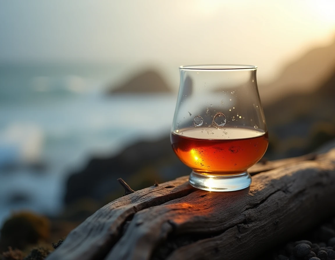 Close-up of a Glencairn glass filled with deep amber Bowmore single malt Scotch whisky, resting on weathered driftwood n