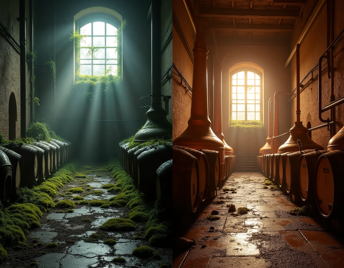 Split atmospheric diptych concept: left side shows an abandoned, moss-covered distillery interior with broken wooden cas