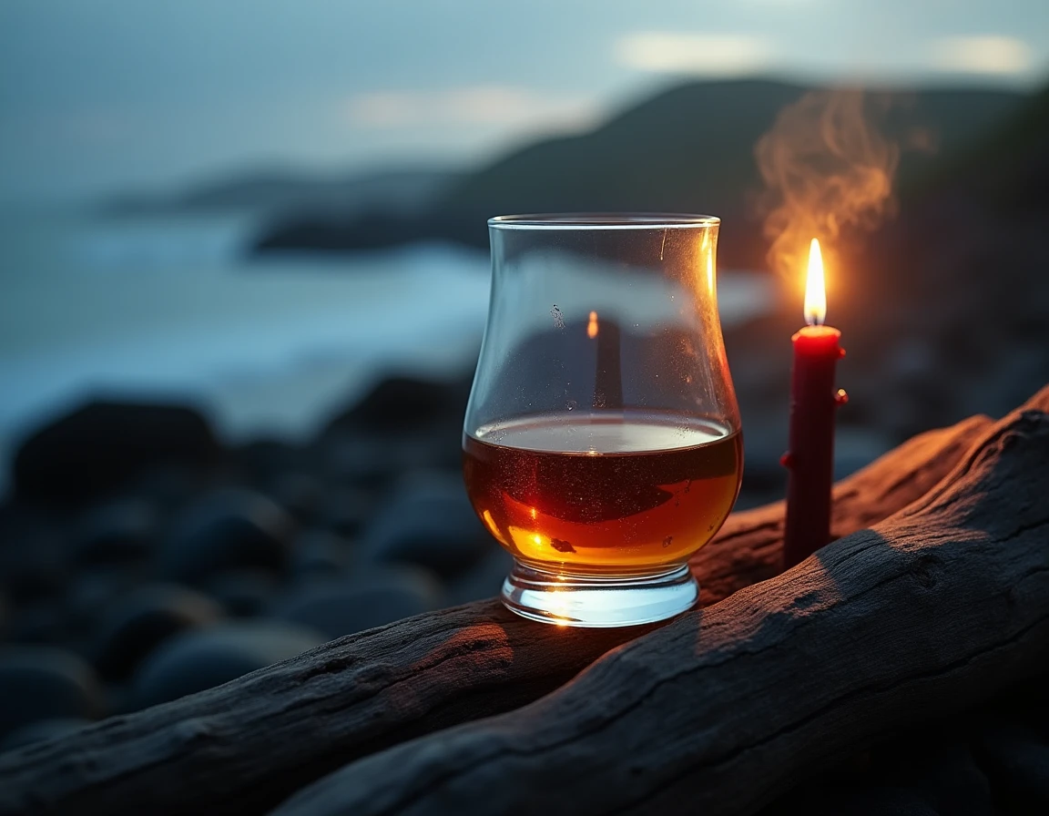 Close-up of a Glencairn whisky glass filled with deep amber Ardbeg single malt, resting on weathered driftwood near a ro