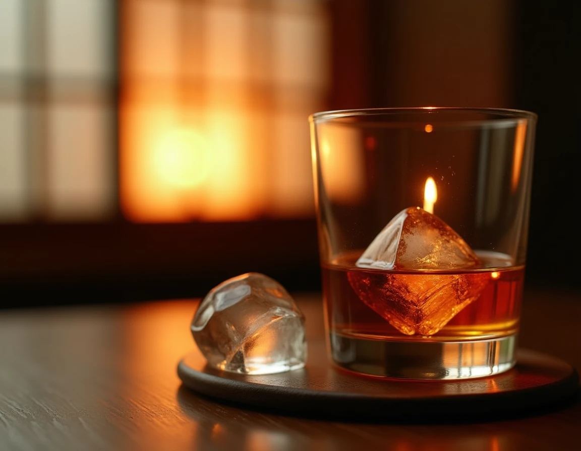 Close-up of a Glencairn glass filled with deep amber Hibiki whisky, candlelight reflection shimmering inside the glass, 
