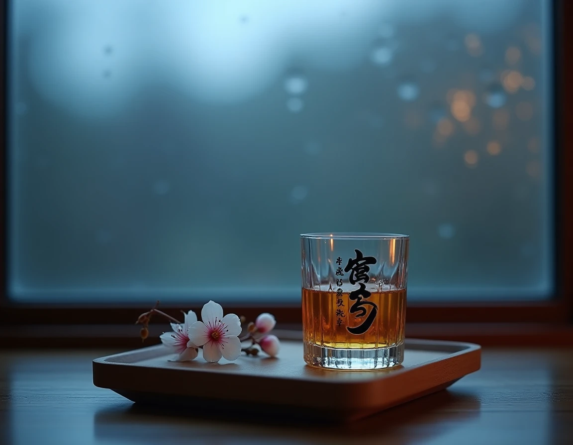 A lone whisky glass with Hibiki on a wooden tray near a rain-streaked window at dusk, soft blue-grey natural light from 
