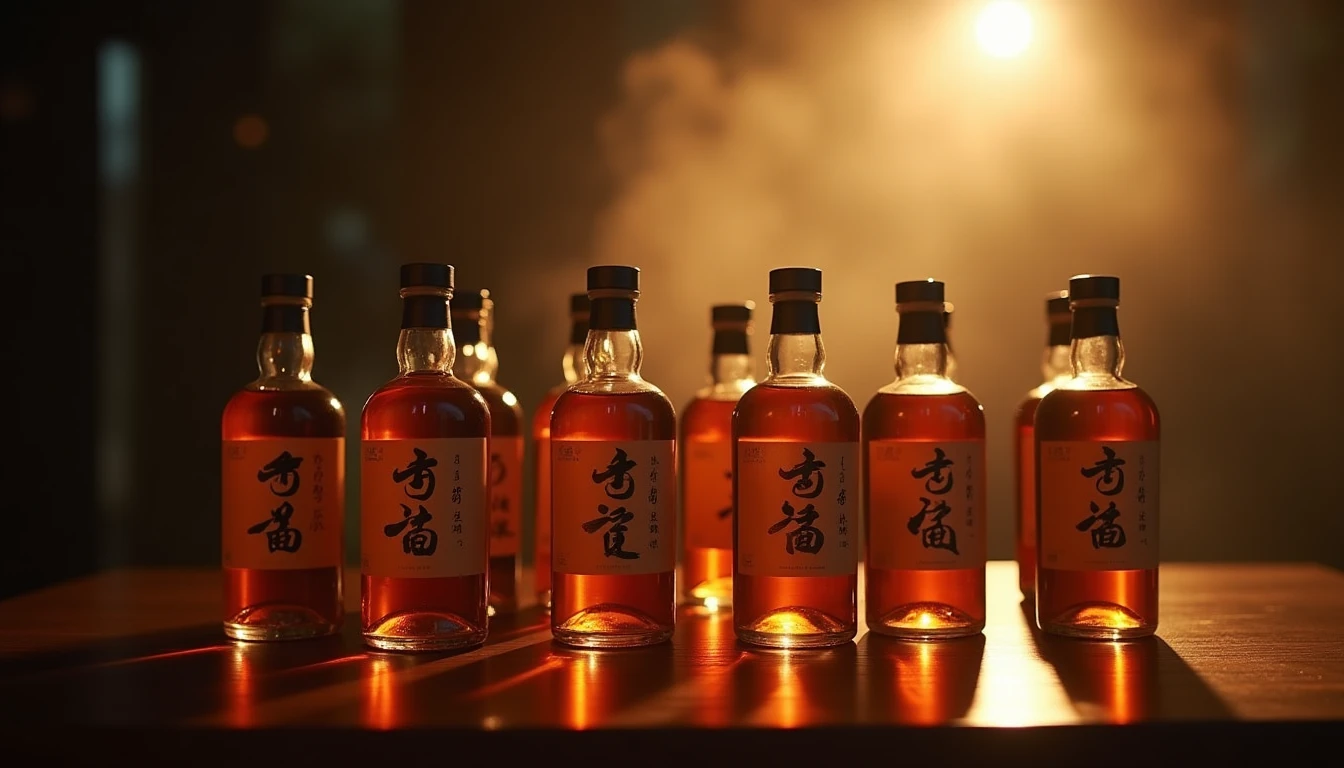 Flat lay of ten Japanese whisky bottles arranged elegantly on a dark polished wooden surface, soft warm amber lighting f