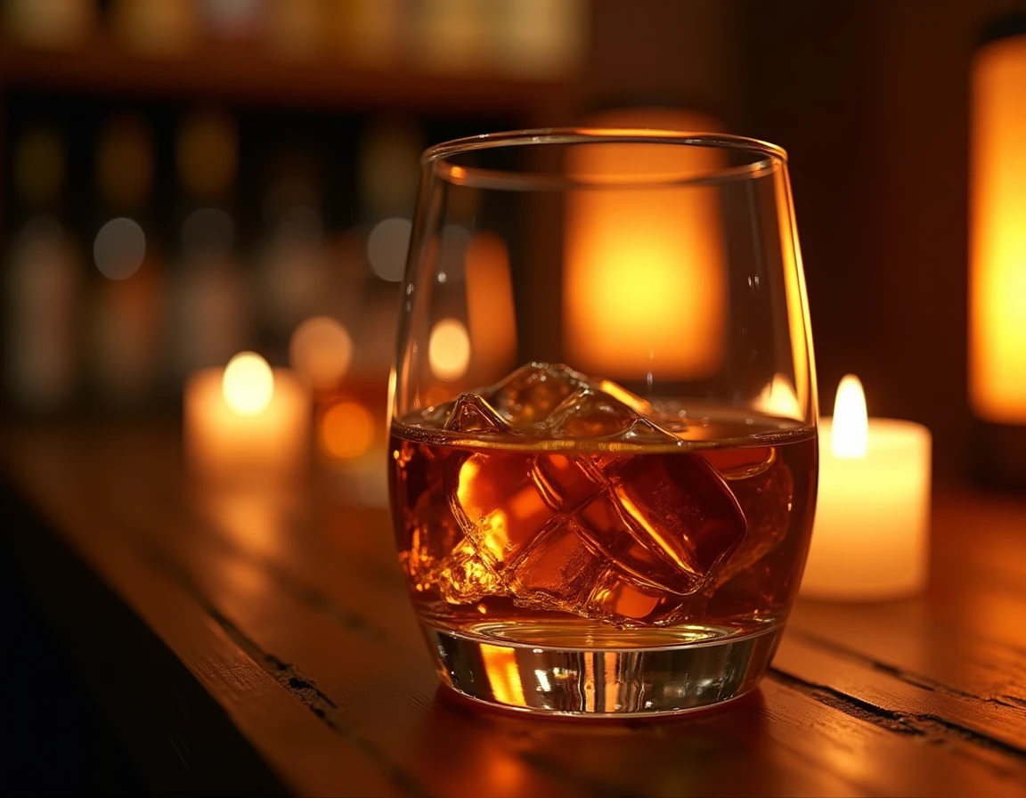 Close-up of a Glencairn glass filled with golden Japanese whisky on a dark oak bar counter, soft candlelight reflecting 