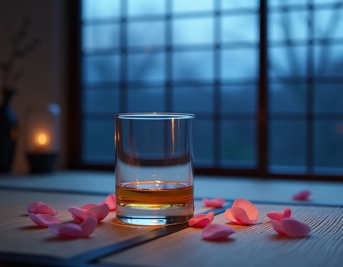 Minimalist still life of an empty Japanese whisky glass on a tatami mat, cherry blossom petals scattered around, late ev