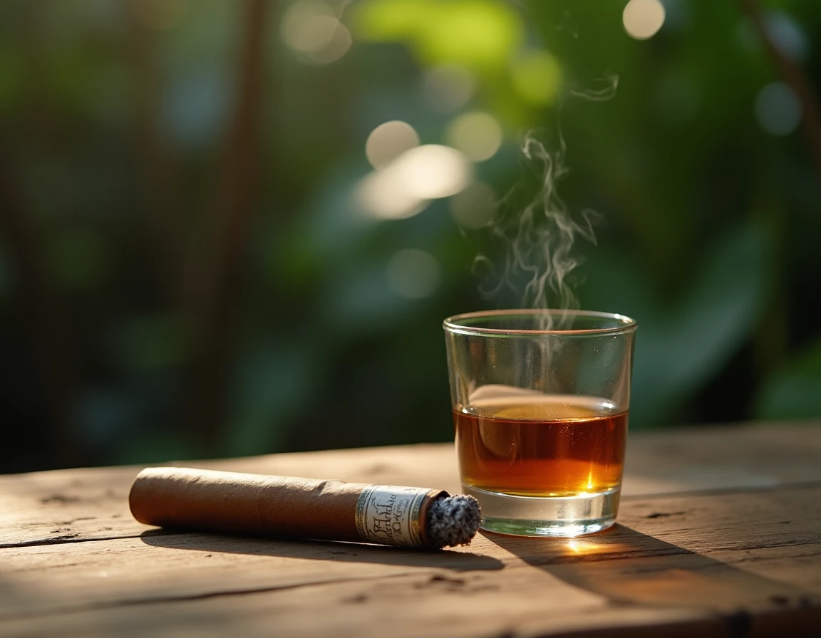 A Romeo y Julieta No. 2 cigar mid-smoke with a long pale grey ash intact, placed beside a small glass of golden rhum agr