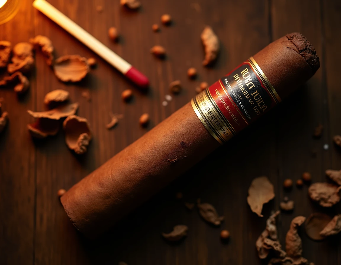 An overhead flat-lay of a Romeo y Julieta No. 2 cigar band detail on aged cedar wood, with scattered tobacco leaves and 