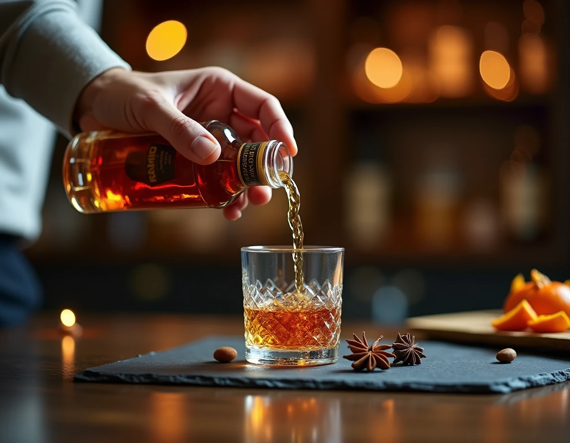 Action close-up of a male hand pouring Nikka From the Barrel whisky from its distinctive small square bottle into a Glen