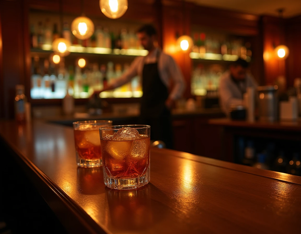 Wide atmospheric shot inside a classic Istanbul spirits bar at dusk, a wooden bar top with two highball glasses filled w