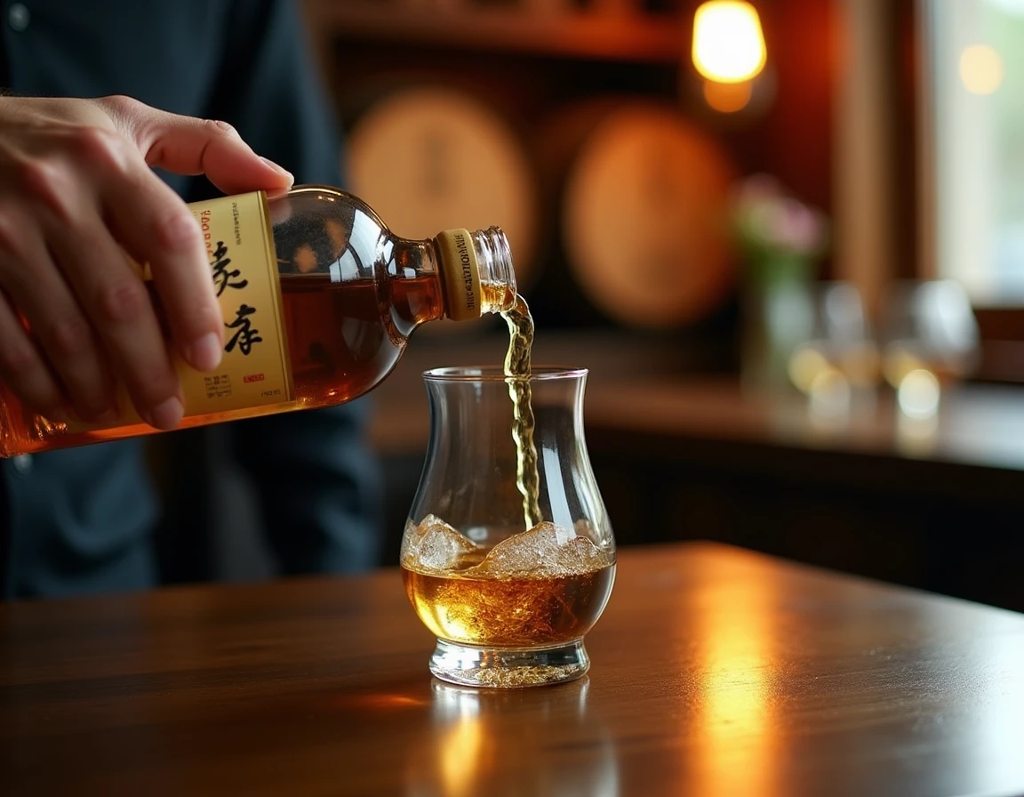 Close-up action shot of a master distiller's hands carefully pouring Hakushu 12-year single malt from a bottle into a Gl