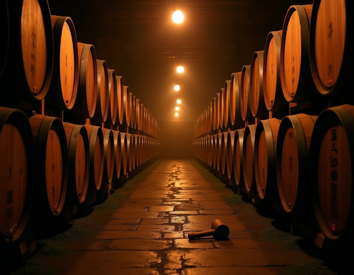 Interior atmospheric shot of Hakushu distillery's barrel warehouse, rows of Mizunara oak and American oak casks stacked 