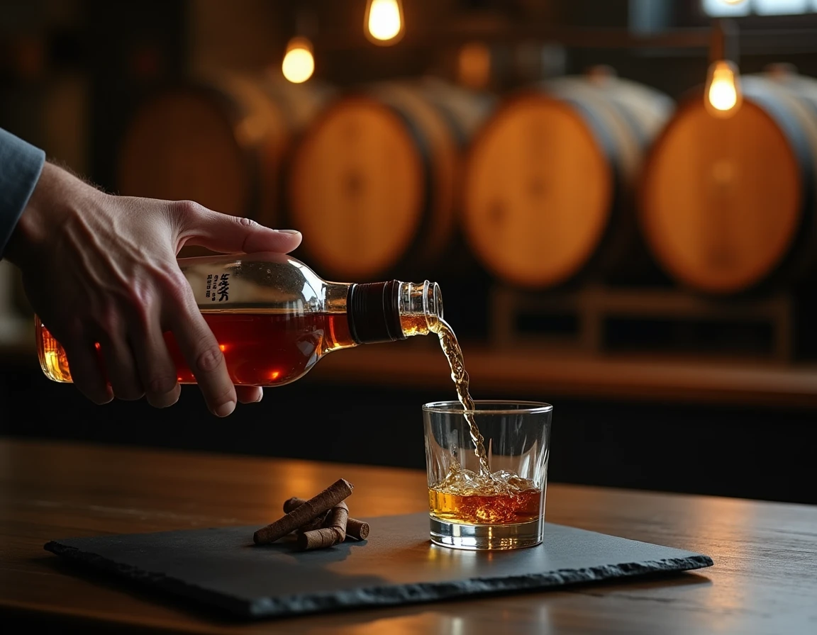 A pair of weathered hands carefully pouring whisky from a Nikka bottle into a Glencairn glass over a dark slate bar surf