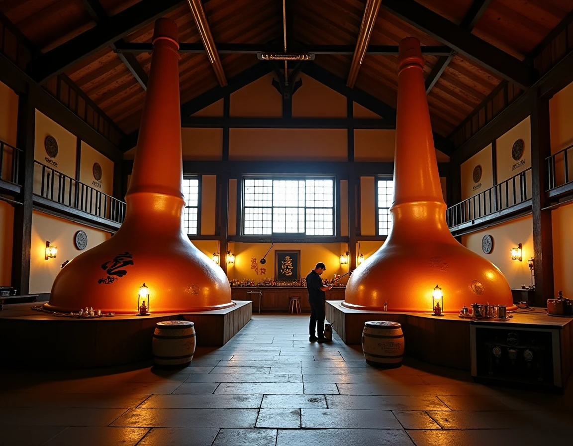 Wide interior shot of the Yoichi distillery pagoda-roof stillhouse, two large copper pot stills dominating the frame wit