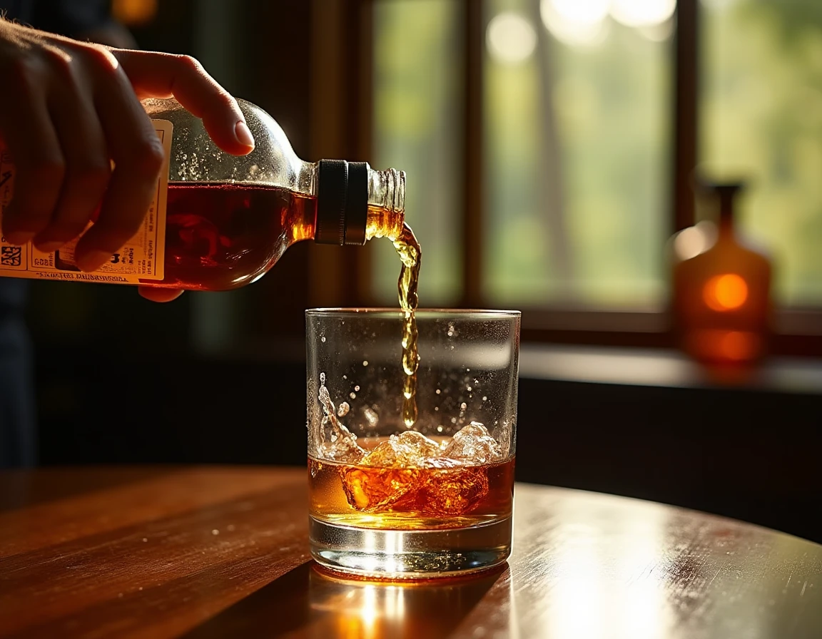 Close-up action shot of weathered hands carefully pouring Hakushu whisky from bottle into a Glencairn glass, droplets ca