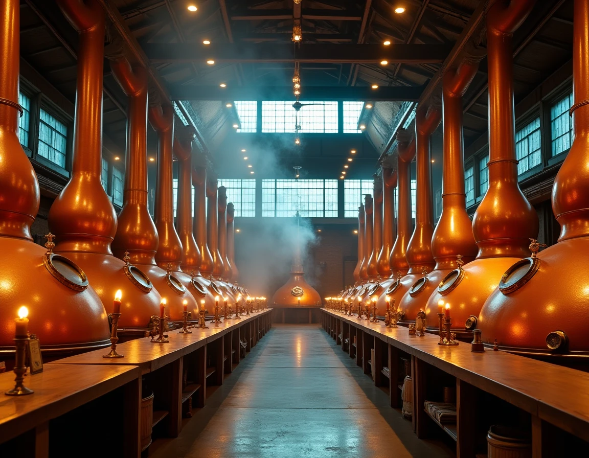 Wide interior shot of the Hakushu Distillery still room, multiple copper pot stills of varying heights reflecting warm a