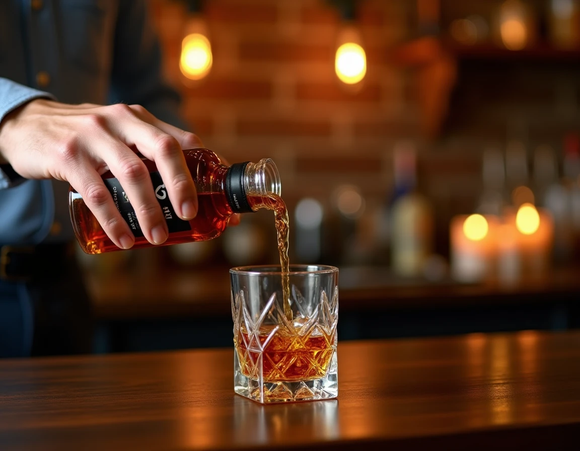 Close-up of a male hand carefully pouring Nikka whisky from a small square bottle into a Glencairn glass on a dark walnu