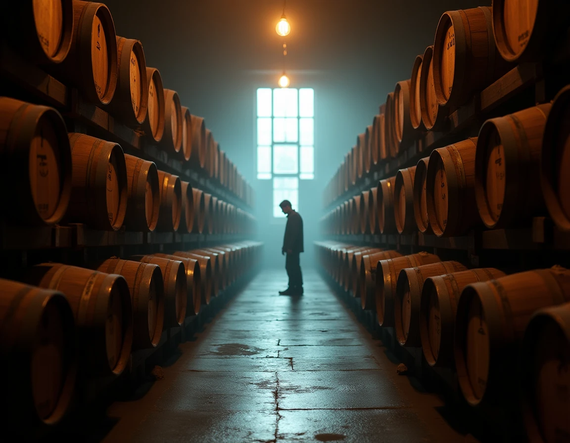 Wide atmospheric interior shot of a Japanese whisky warehouse — rows of aging casks stacked on wooden racks inside Miyag