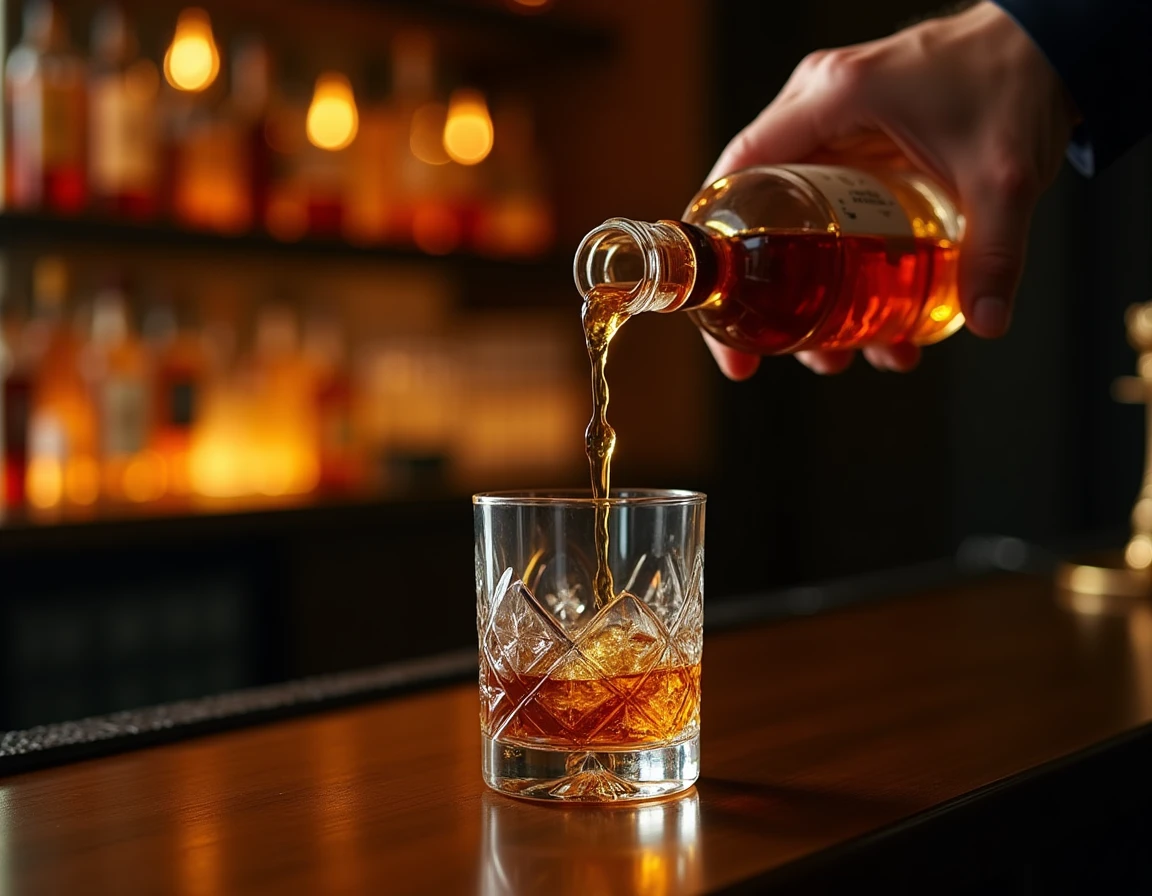 Close-up action shot of whisky being poured from a Japanese single malt bottle into a crystal glass, amber liquid catchi