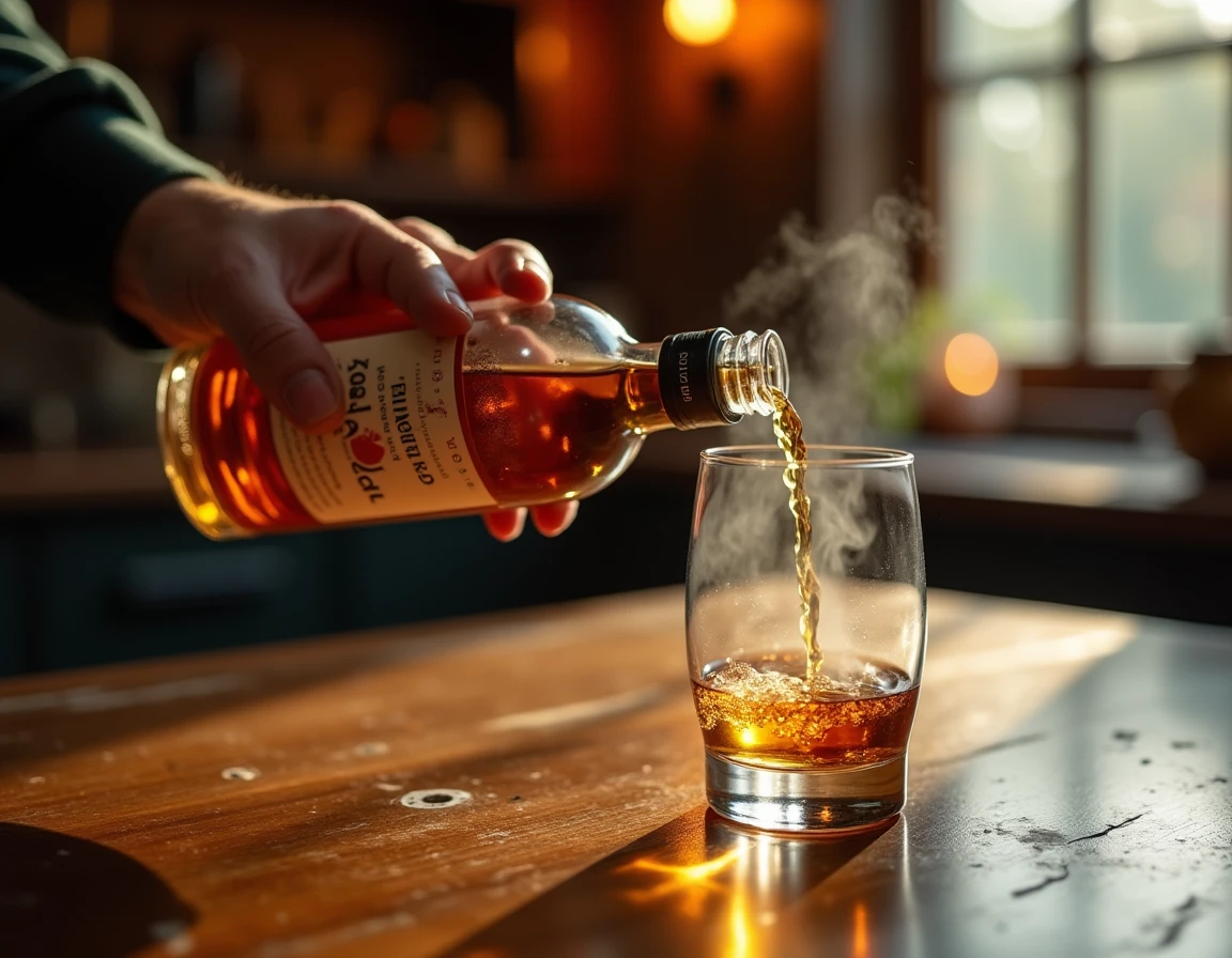Close-up action shot of a hand pouring Japanese single malt whisky from a small craft distillery bottle into a Glencairn