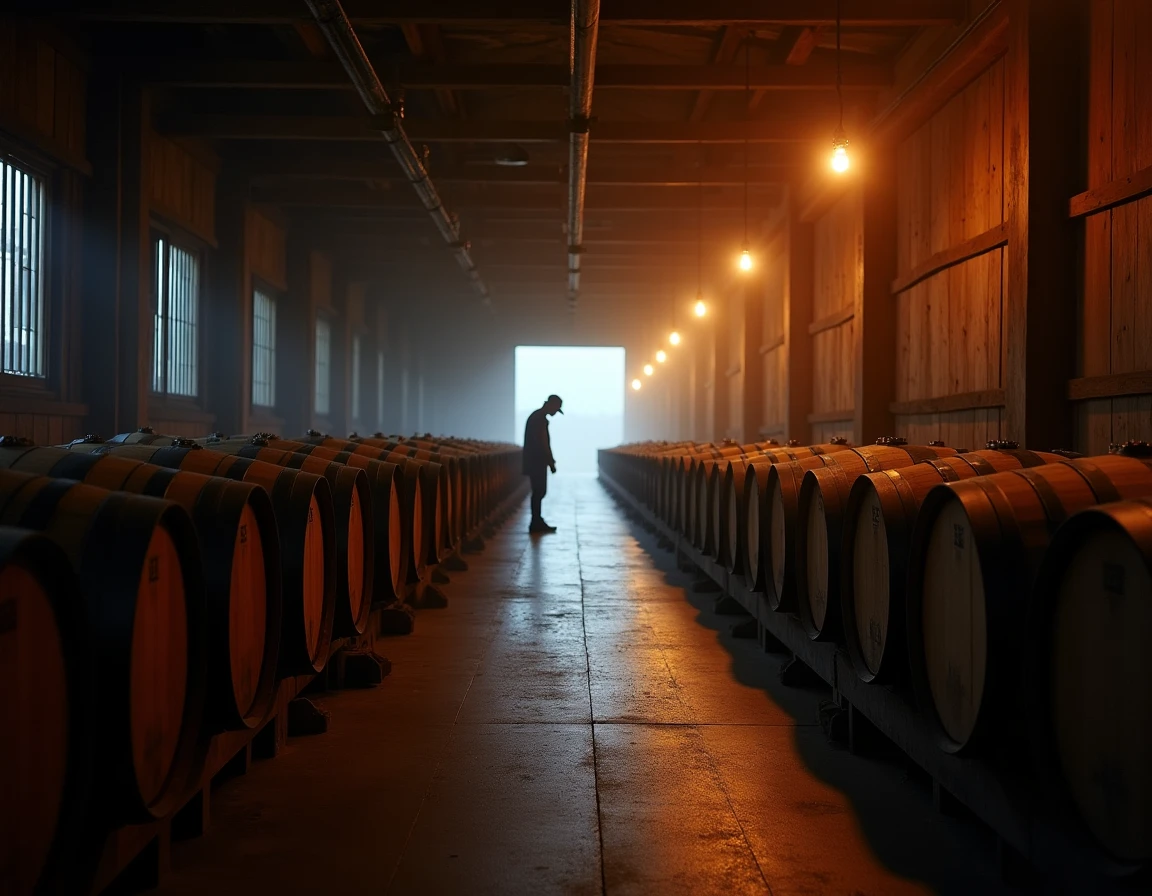 Wide atmospheric interior of a Japanese whisky maturation warehouse — rows of dark oak and Mizunara barrels receding int