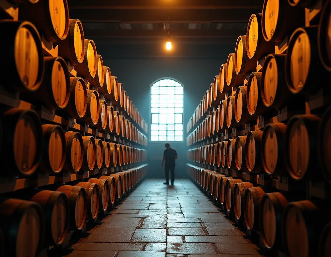 Wide atmospheric shot inside a small Japanese whisky maturation warehouse, rows of small oak casks stacked on wooden rac