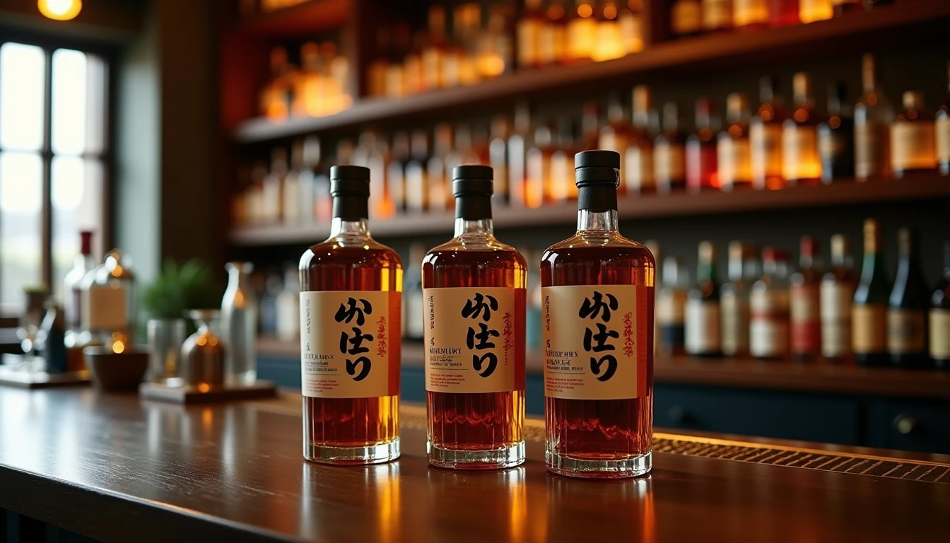 Editorial hero shot of three Japanese whisky bottles — Suntory Toki, Nikka From the Barrel, and Kaiyo — arranged on a da