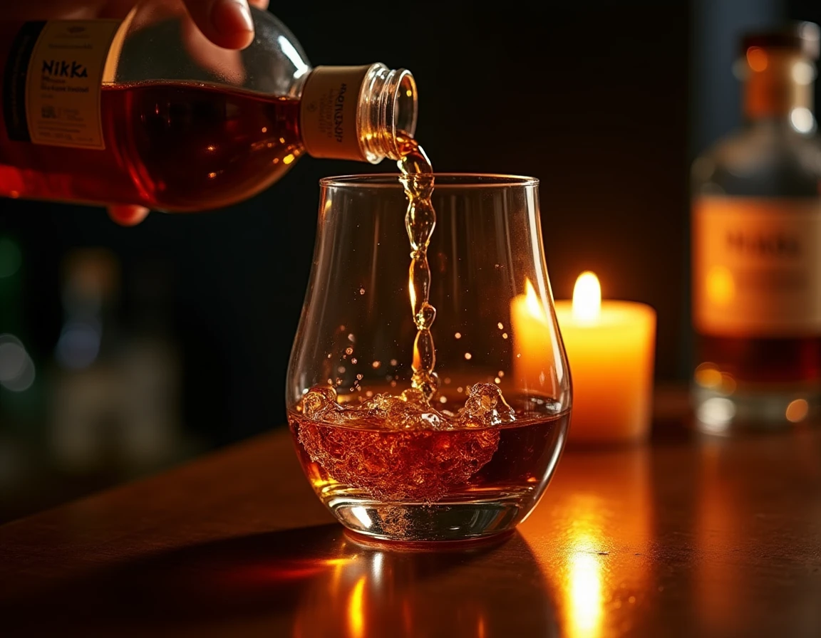Close-up action shot of Nikka From the Barrel whisky being poured into a Glencairn glass, amber liquid mid-pour catching
