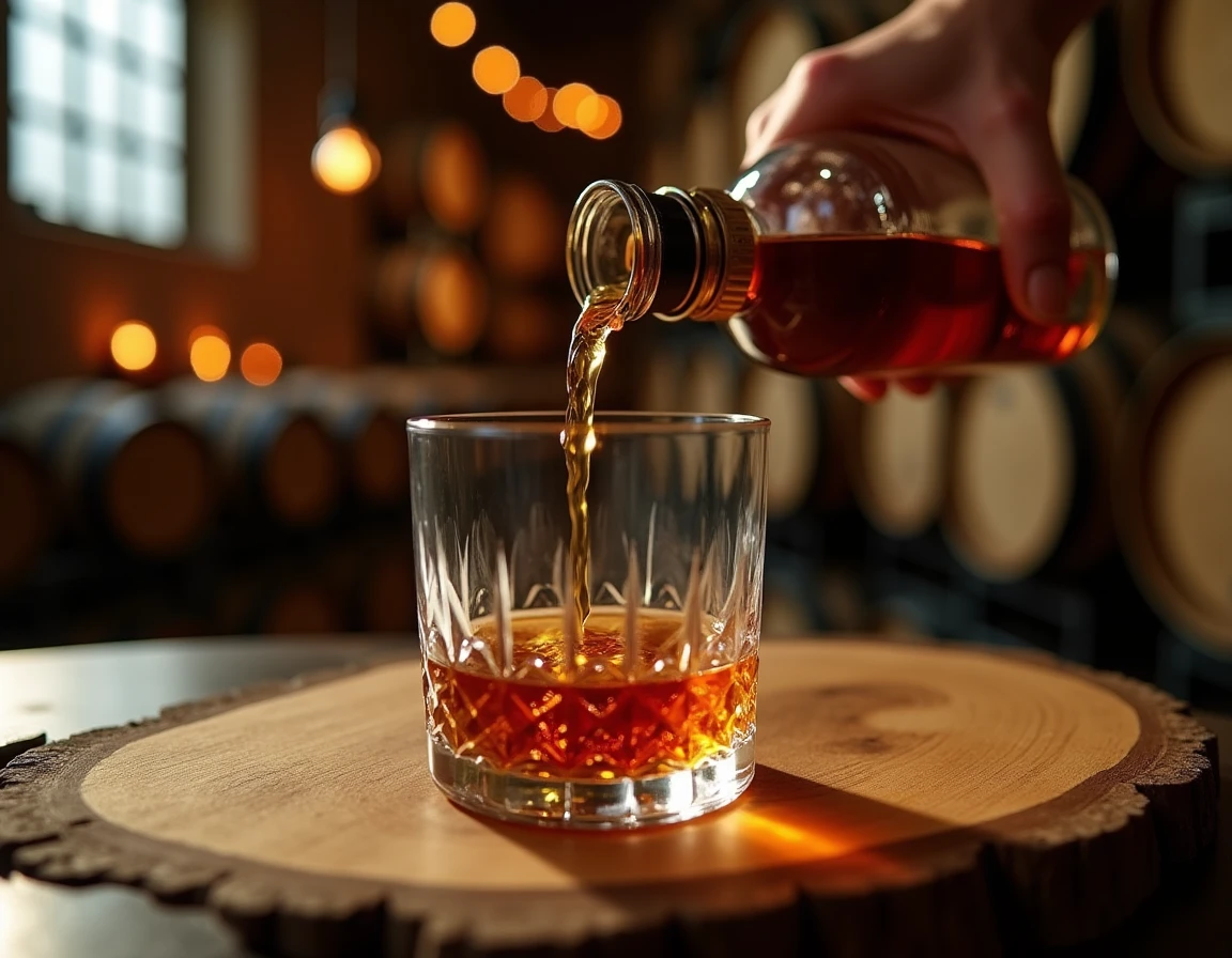 Close-up action shot of whisky being poured from a Japanese bottle into a crystal glass resting on a rough mizunara wood