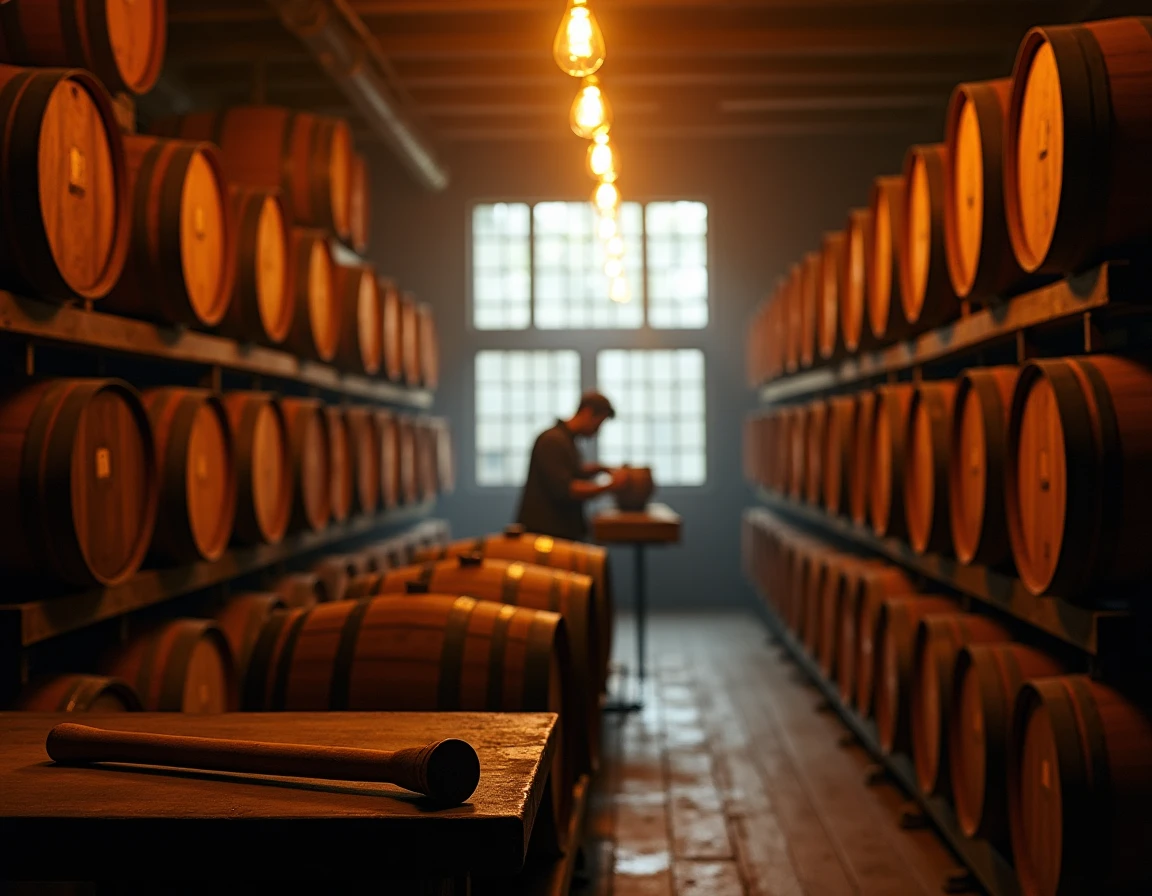 Wide establishing shot inside a Japanese whisky maturation warehouse, rows of small mizunara oak casks stacked three hig