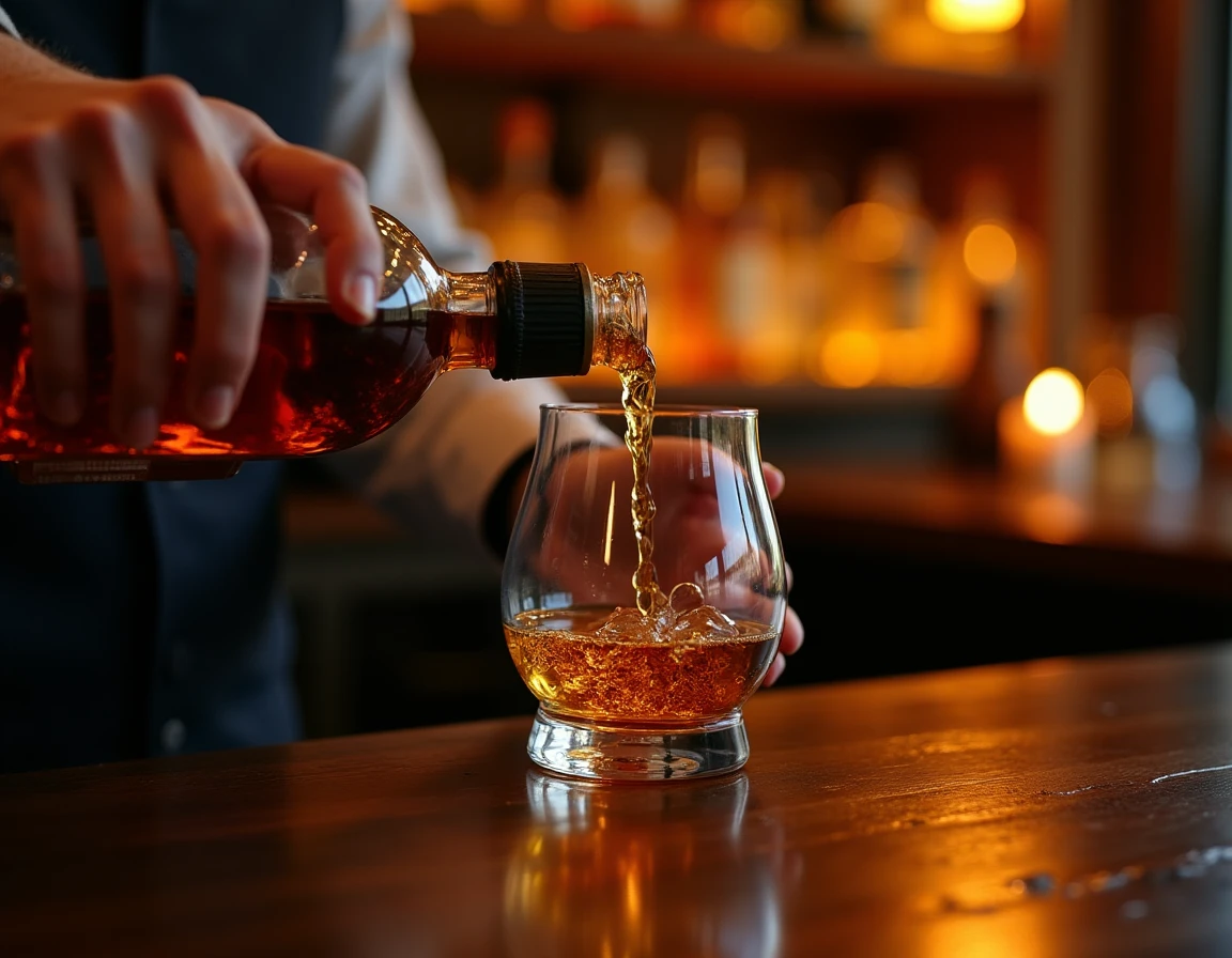 Close-up action shot of Japanese whisky being poured from a bottle into a Glencairn glass, hands partially visible holdi