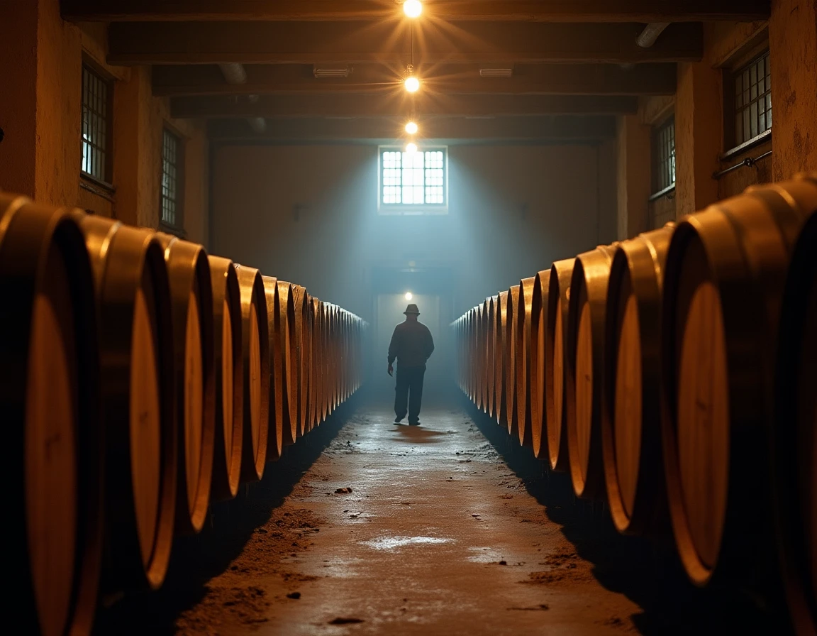 Wide environmental shot inside a Japanese whisky distillery — rows of wooden maturation casks in a dim stone warehouse, 
