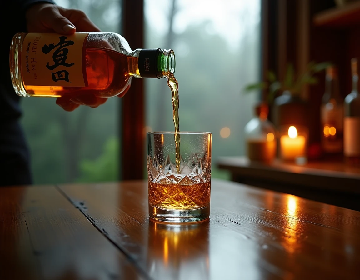 Close-up action shot of Japanese whisky being poured from a Hakushu bottle into a Glencairn glass on a dark knotted wood