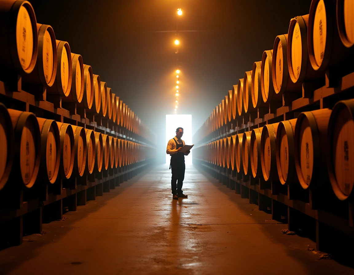 Wide interior of Hakushu Distillery maturation warehouse, rows of American oak and Japanese mizunara barrels stacked on 