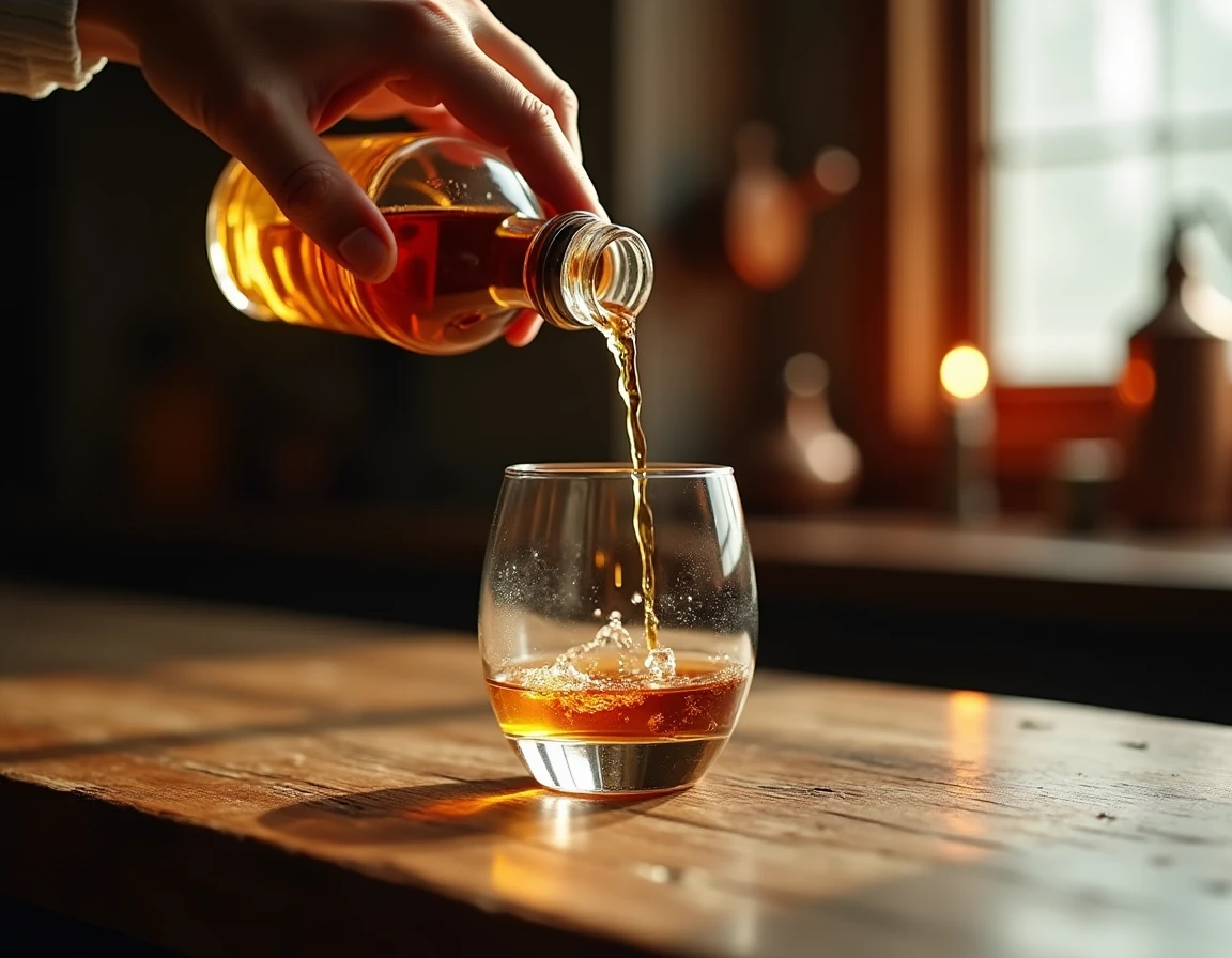 Close-up action shot of Japanese whisky being poured from a small craft bottle into a Glencairn glass on a weathered hin