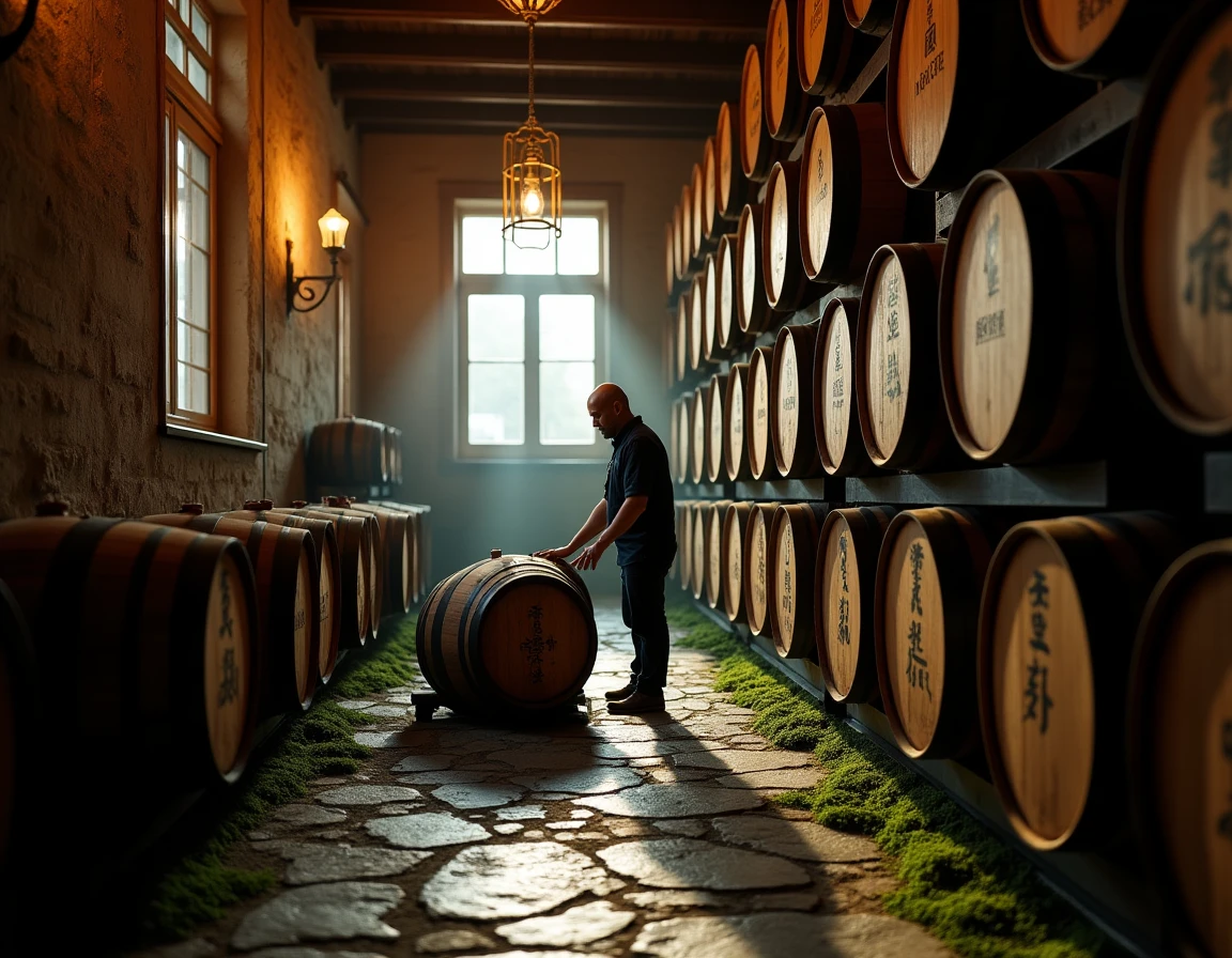 Wide interior shot of a small Japanese craft distillery — aged oak barrels stacked in a stone-walled warehouse, morning 