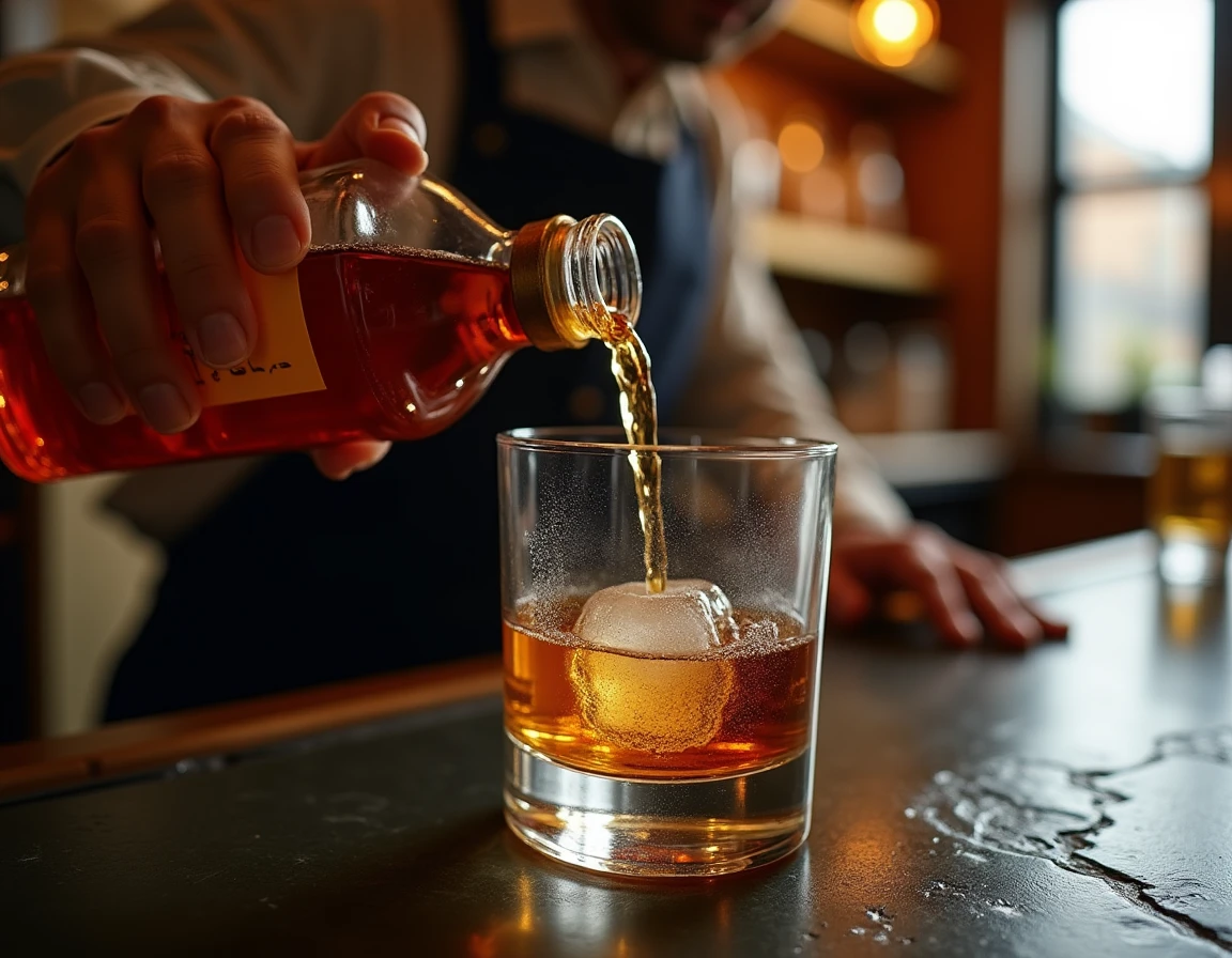 Close-up action shot of a bartender's hands carefully pouring Nikka From the Barrel whisky into a large clear ice cube G